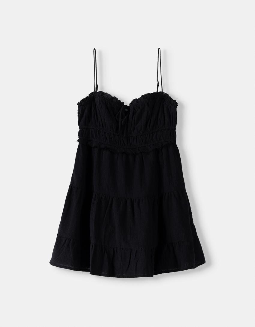 Vestido mini rústico folhos-Preto-4