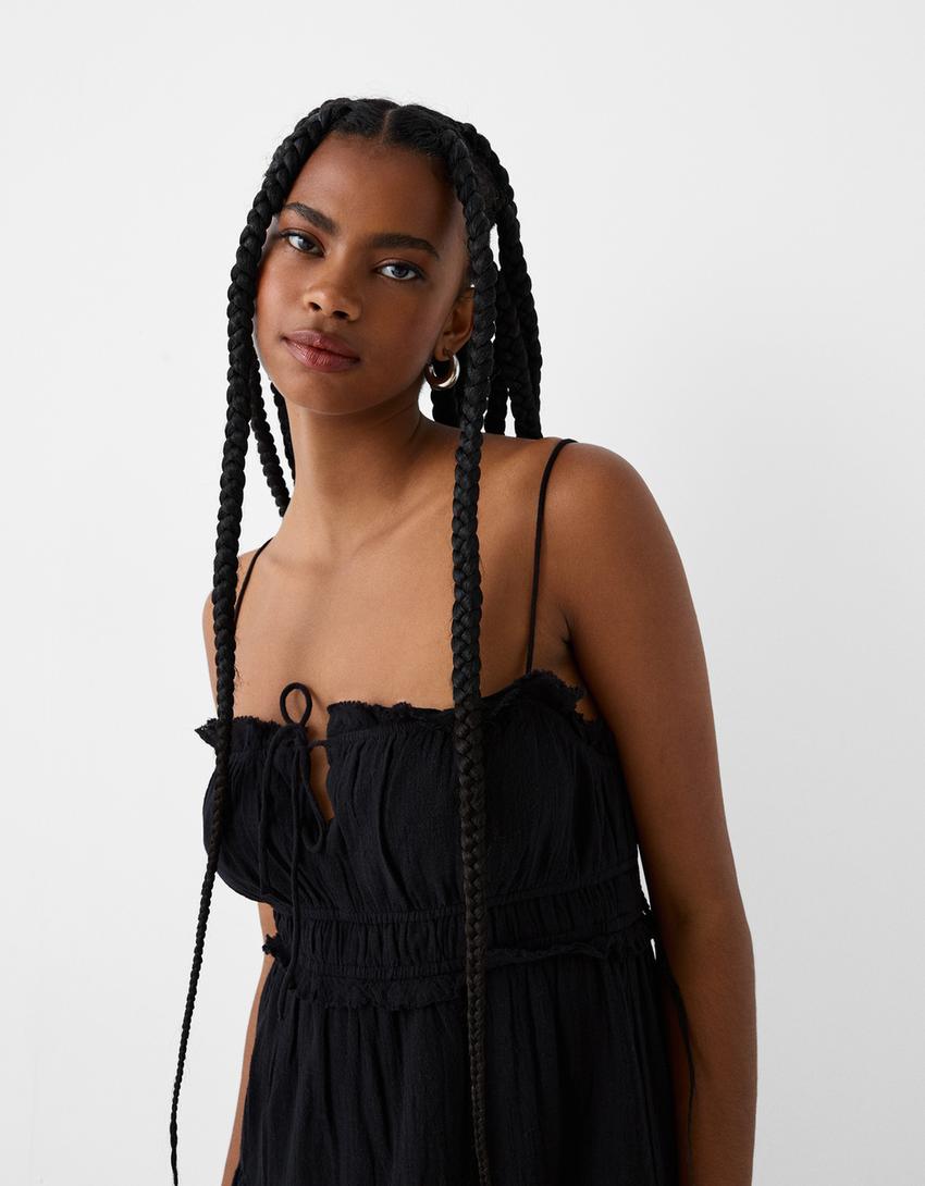 Vestido mini rústico folhos-Preto-5