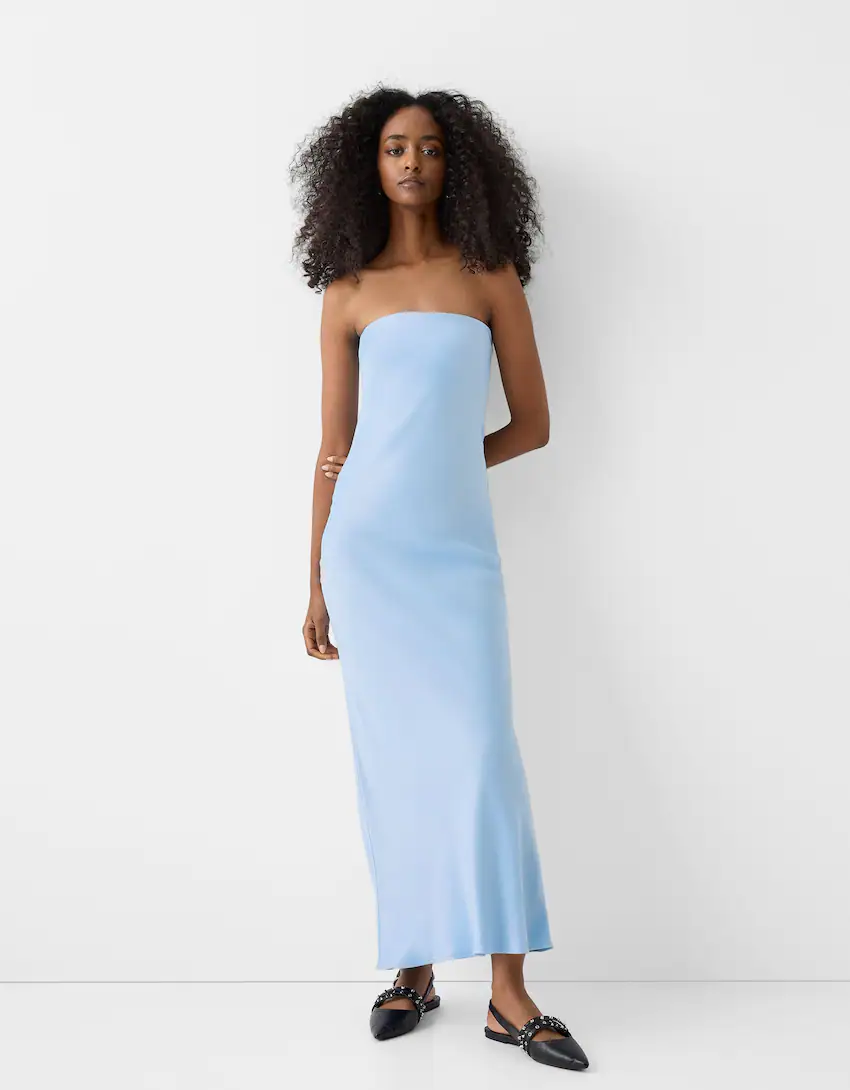 Bershka Satin Midi Dress In White