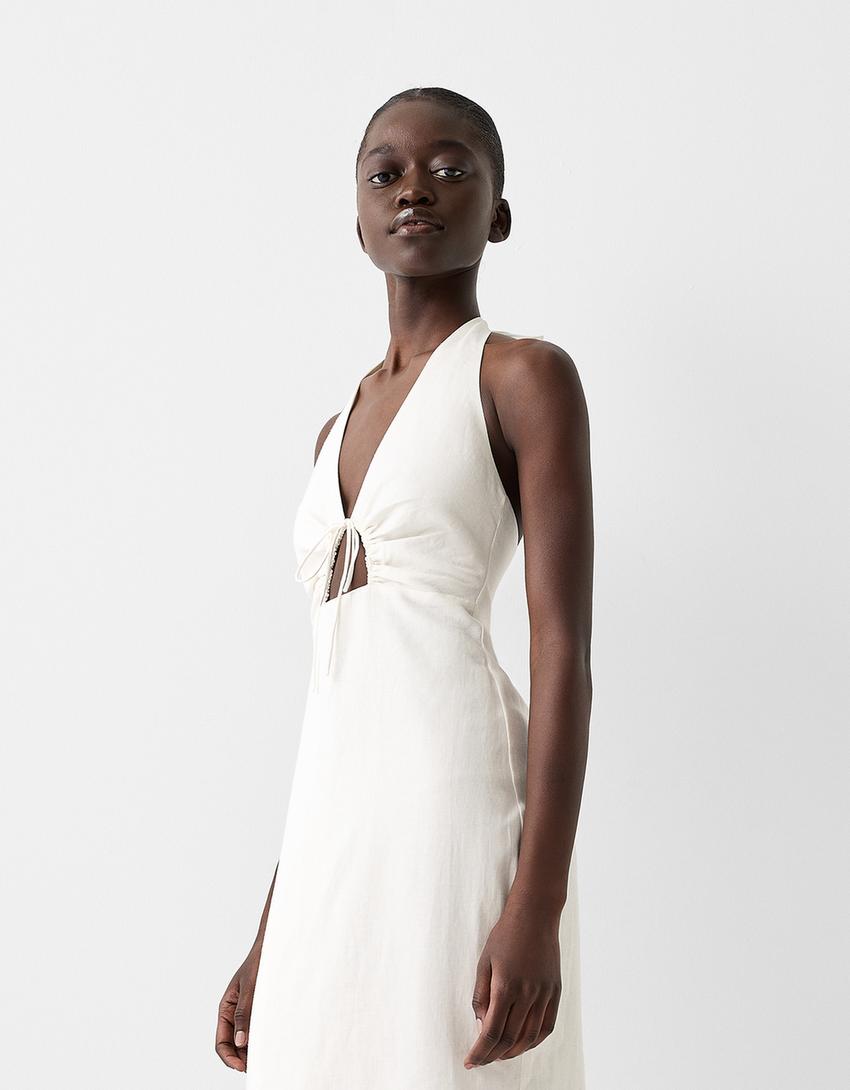 Robe longue cut out avec lin-Blanc cassé-1