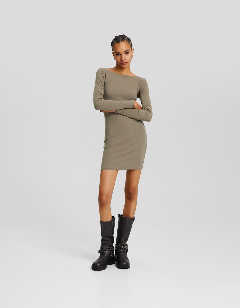 Ribbed knit boat neck long sleeve mini dress New BSK Teen