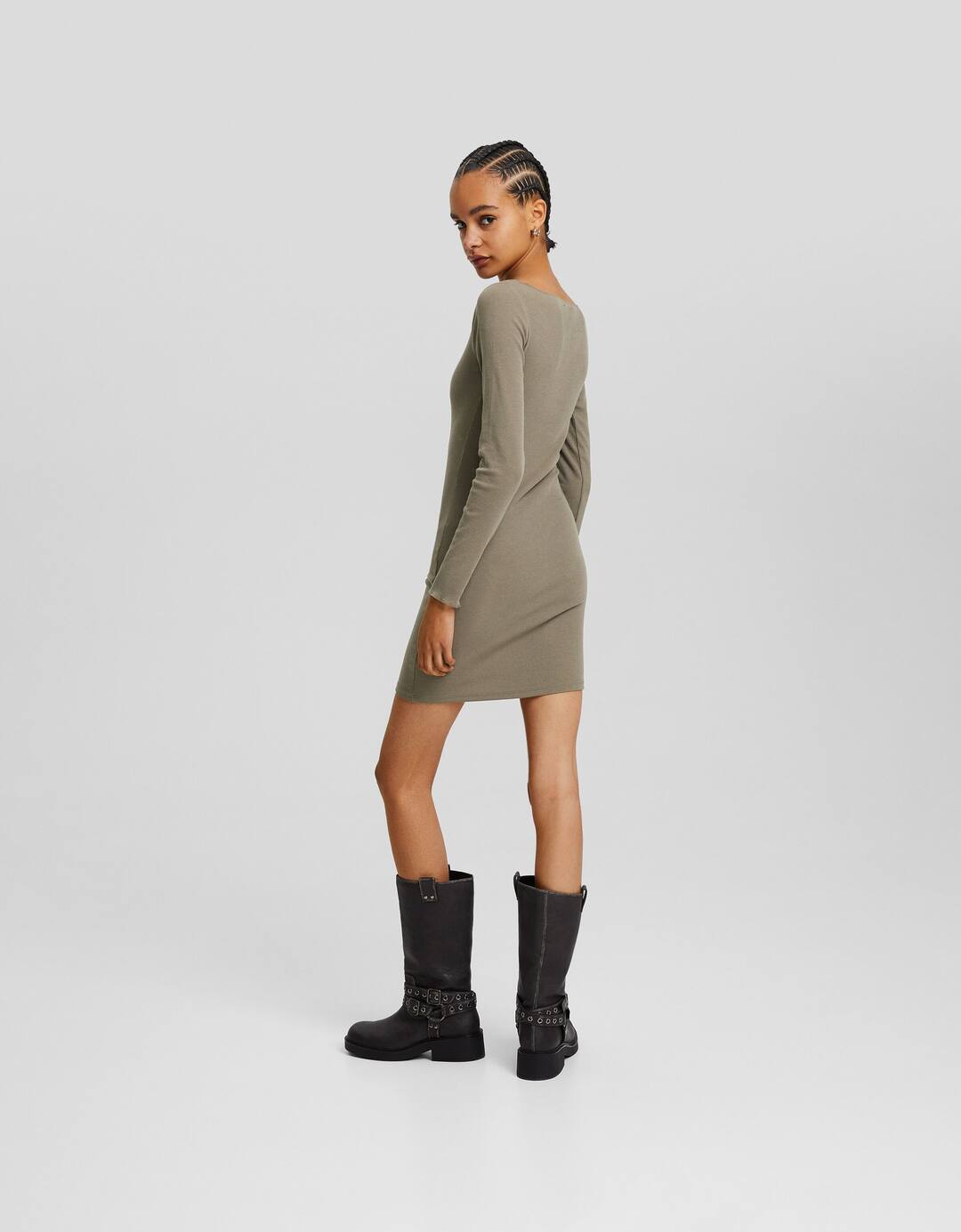 Ribbed knit boat neck long sleeve mini dress