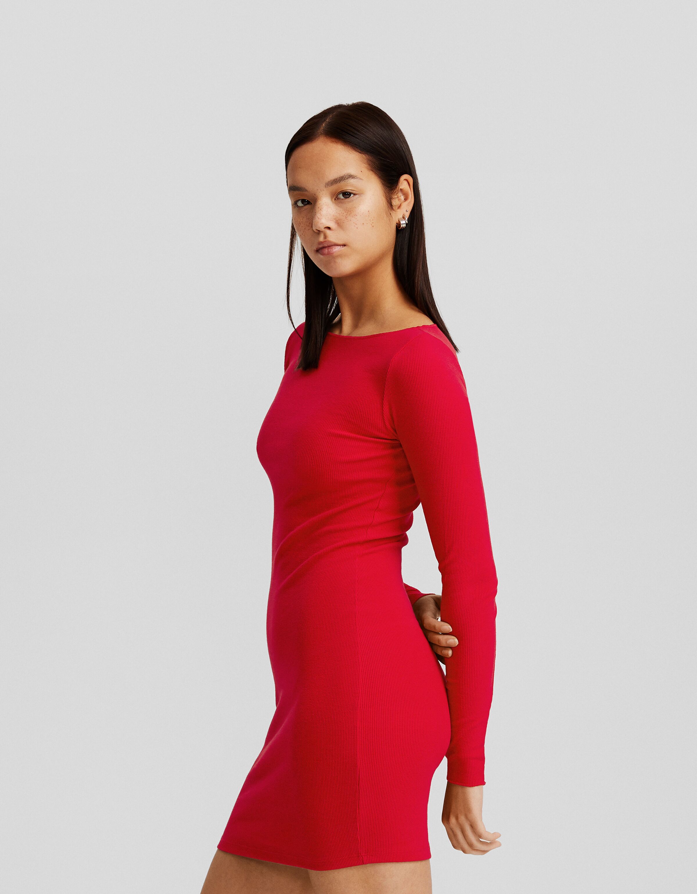 Ribbed knit boat neck long sleeve mini dress Dresses and