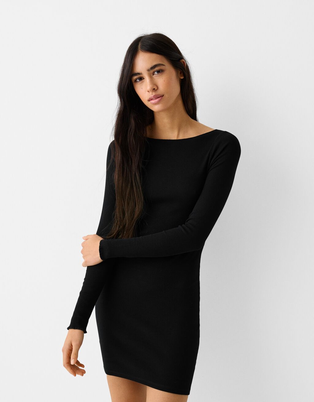 Black Long Sleeve Rib Knitted Bodycon Mini Dress