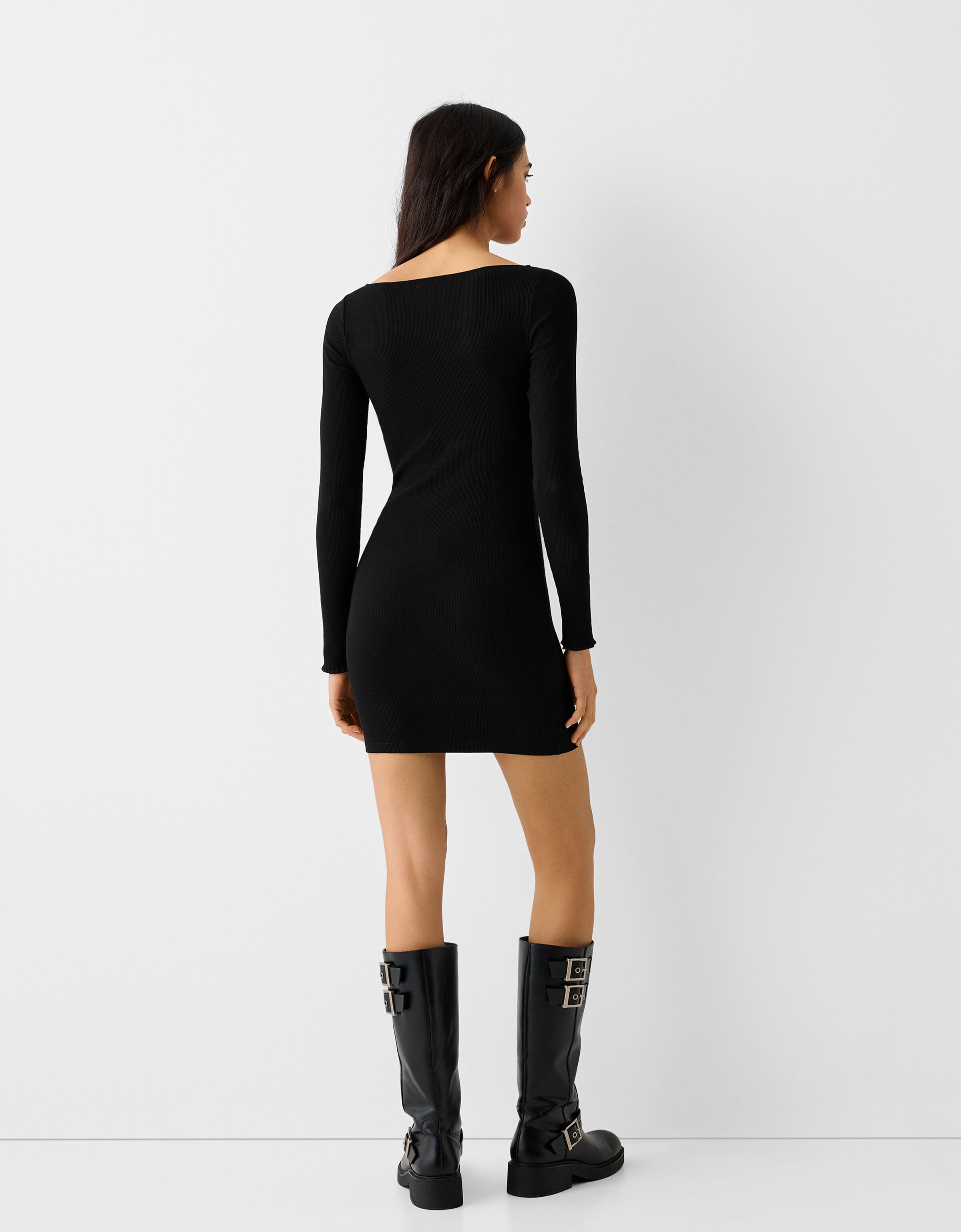 Ribbed knit boat neck long sleeve mini dress - Dresses - BSK Teen | Bershka