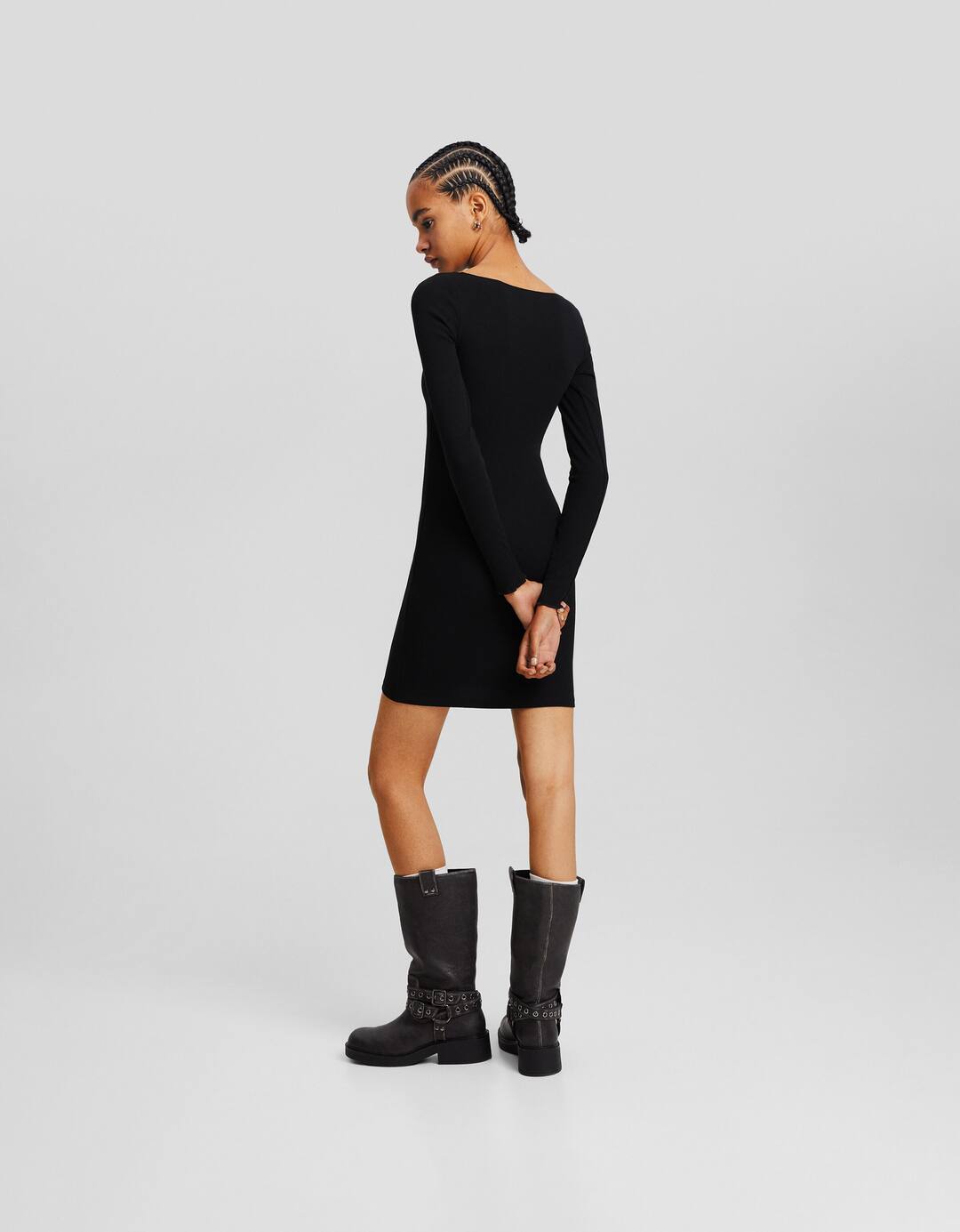 Ribbed knit boat neck long sleeve mini dress