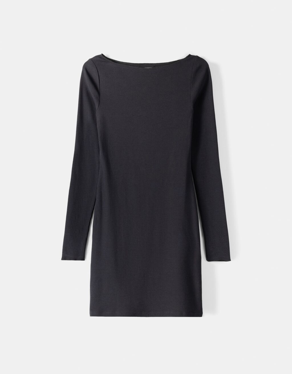 Vestido mini de manga comprida com decote barco em malha com nervuras-Cinzento-escuro-4