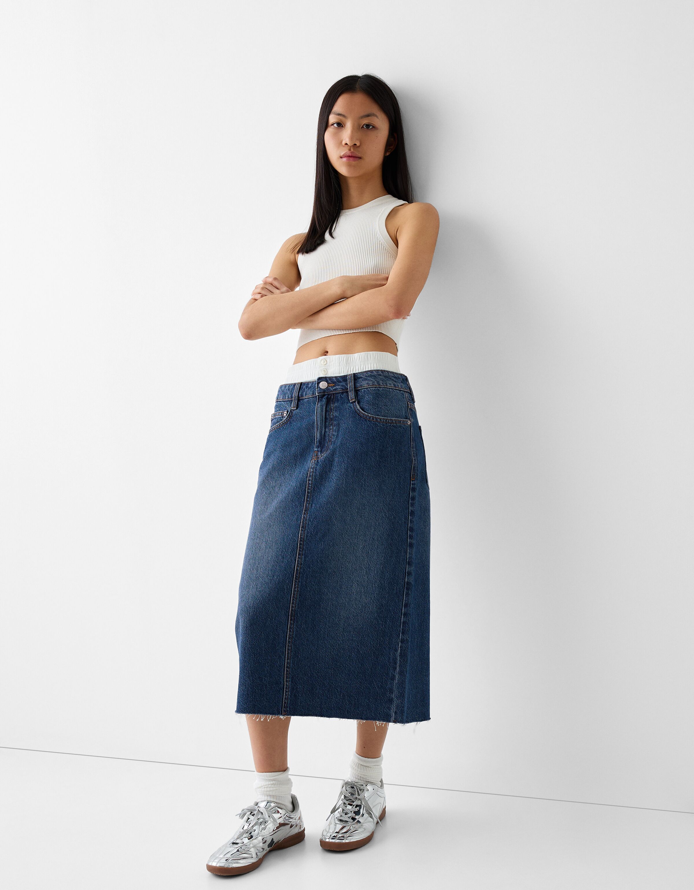 Underwear denim midi skirt