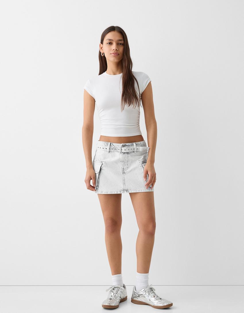 تنورة قصيرة كارغو تويل بحزام-أبيض-0