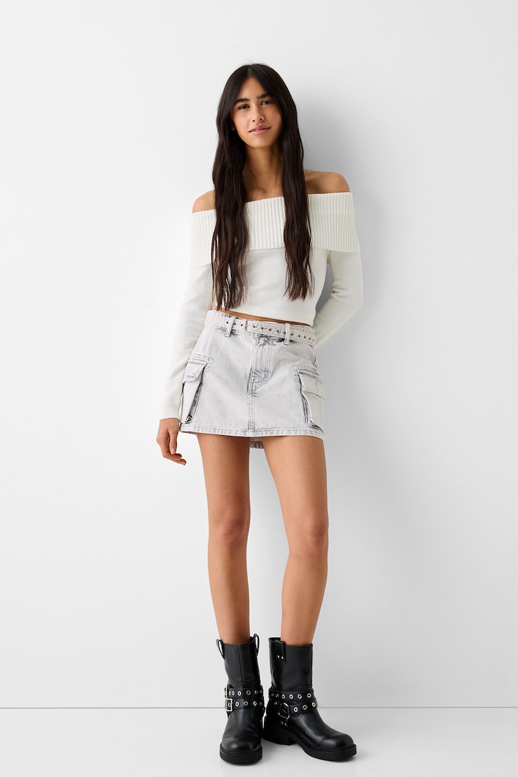 Belted twill cargo mini skirt