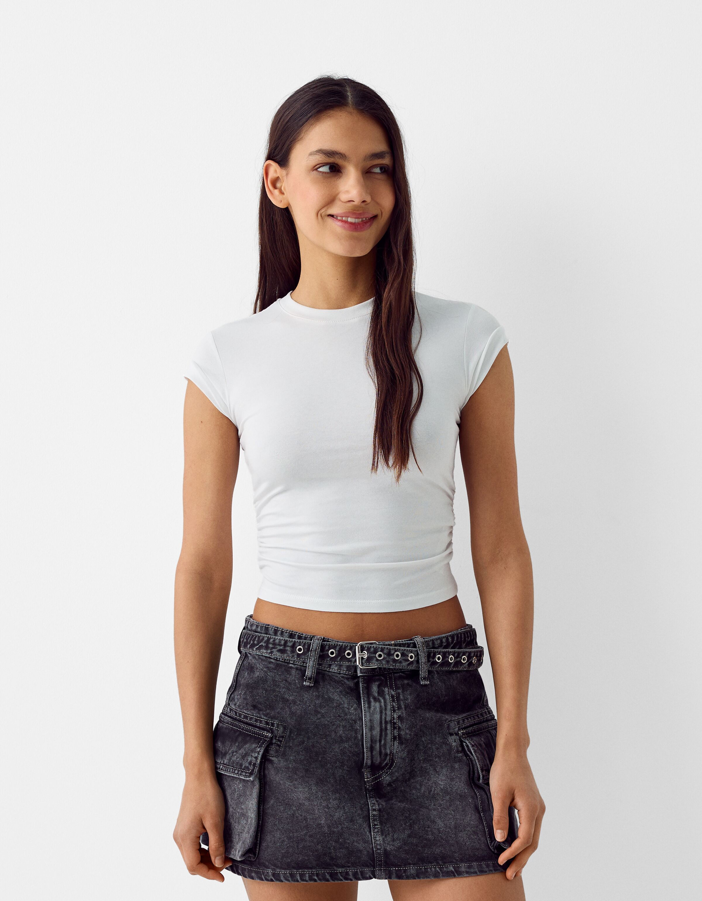 Belted twill cargo mini skirt