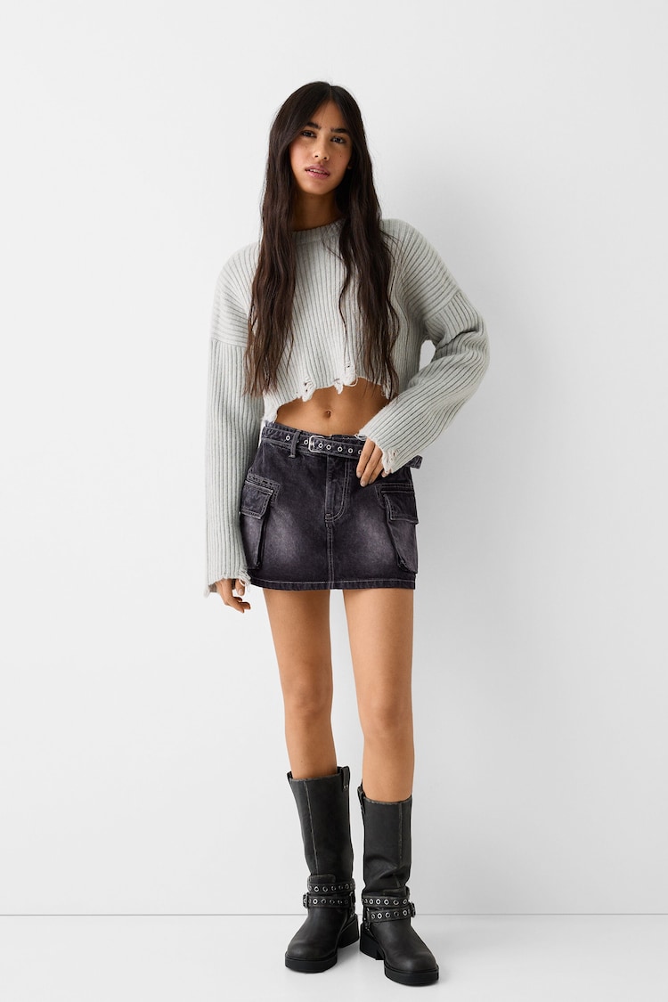 Belted twill cargo mini skirt