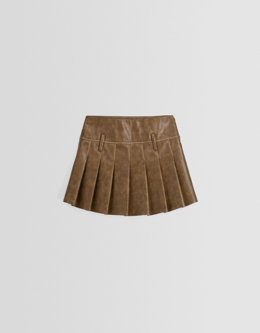 Leather Effect Box Pleat Mini Skirt Women Bershka 