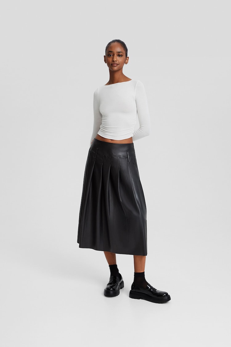 Leather effect box pleat midi skirt