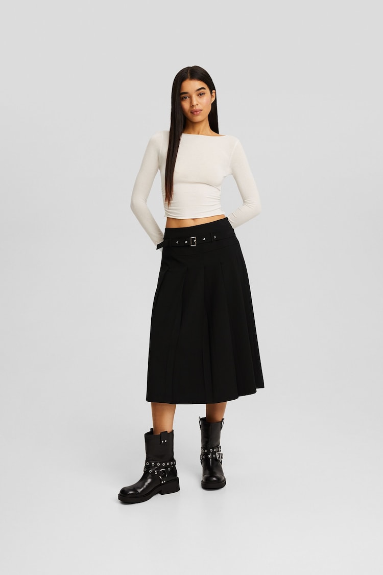 Tailored fit box pleat midi skirt with belt