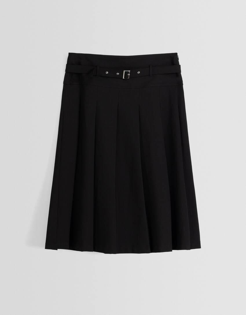 Tailored fit box pleat midi skirt with belt - Women | Bershka