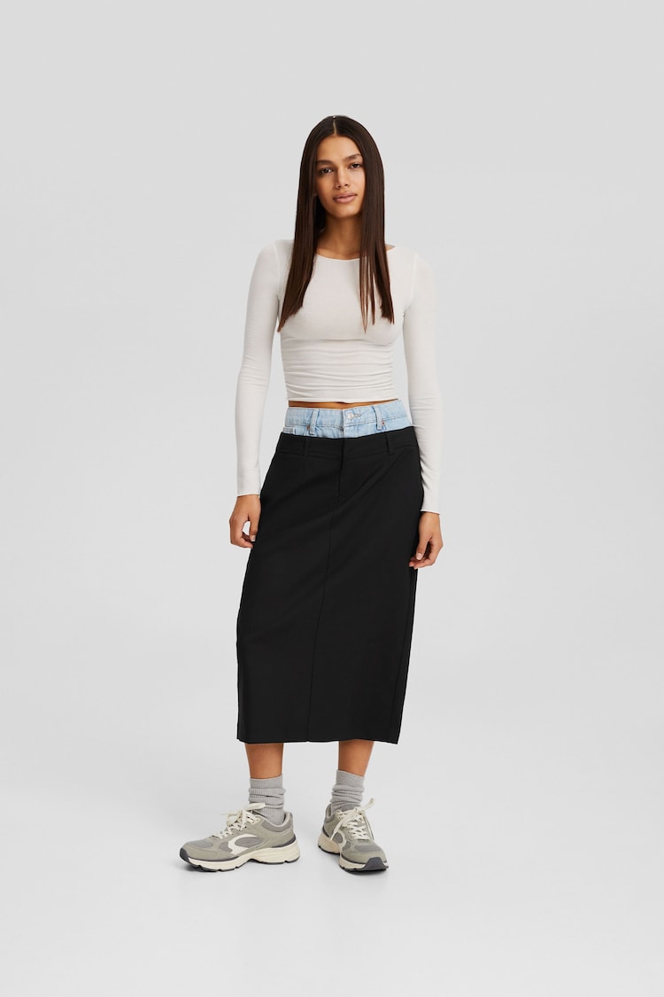 Tailored midi skirt with contrast denim waist
