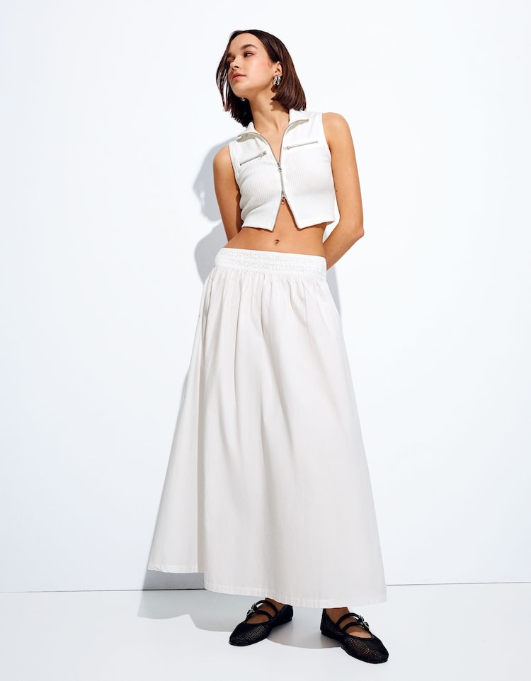Poplin midi skirt with elasticated waistband