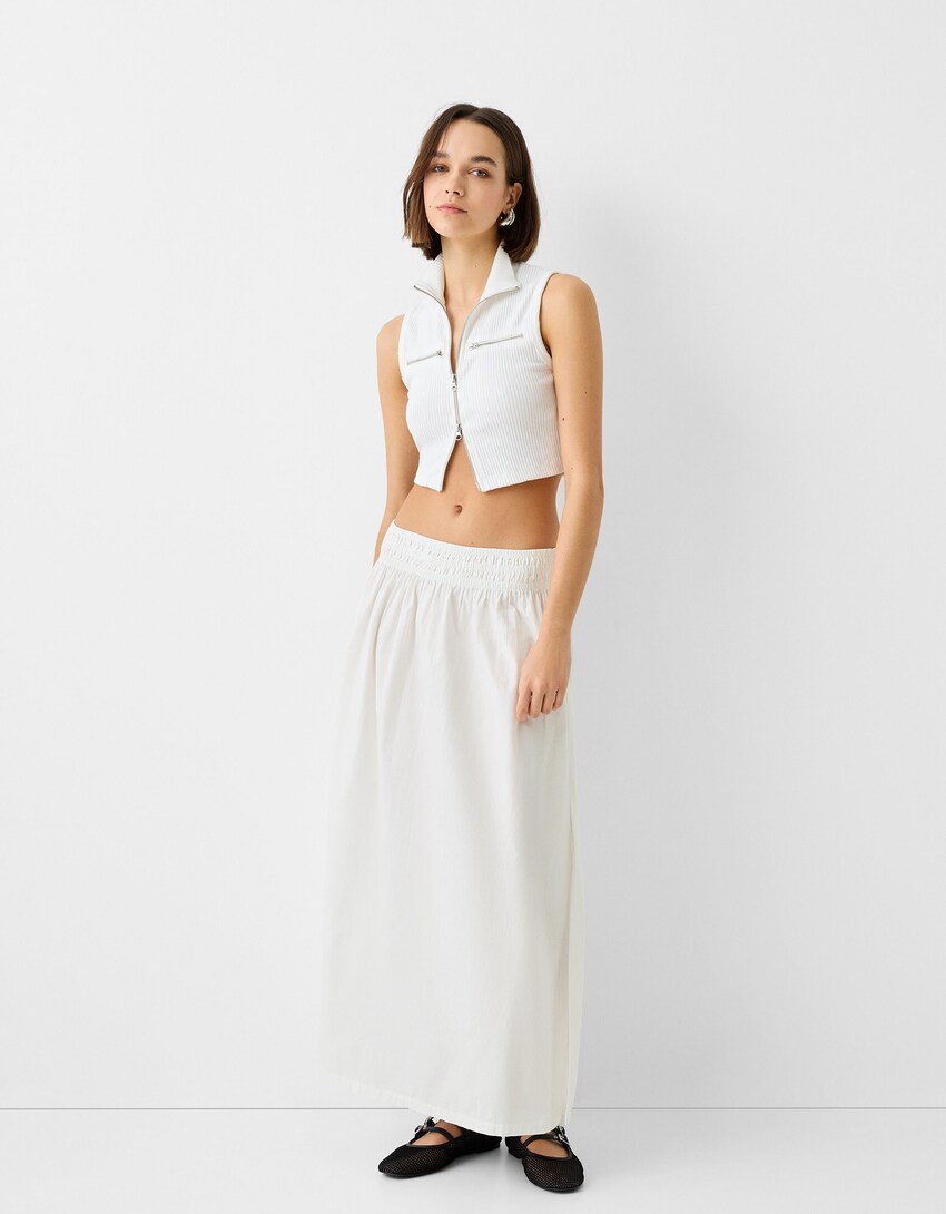 White Cotton Poplin Lace Waistband Maxi Skirt