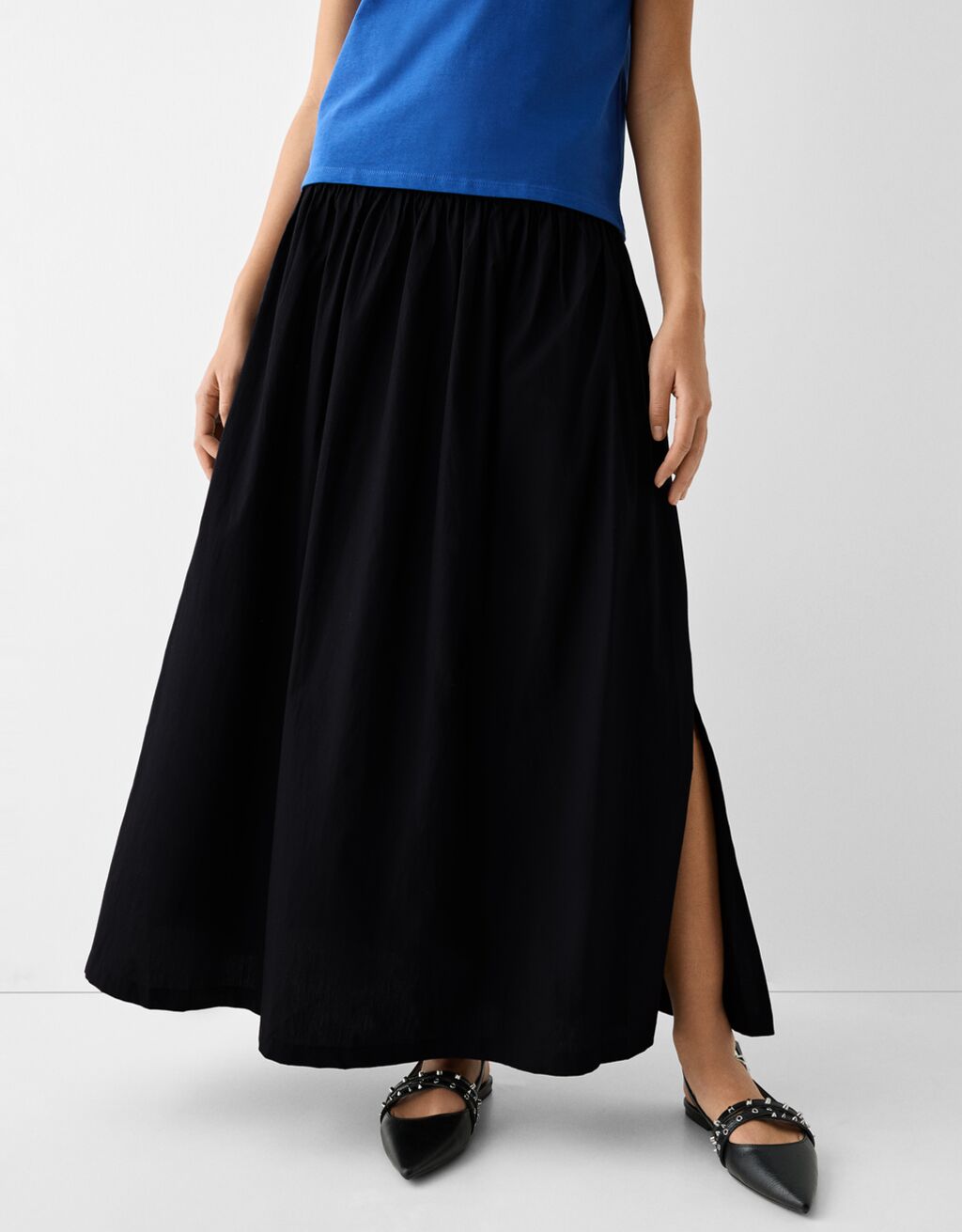 Poplin midi skirt with elastic waistband-Black-1