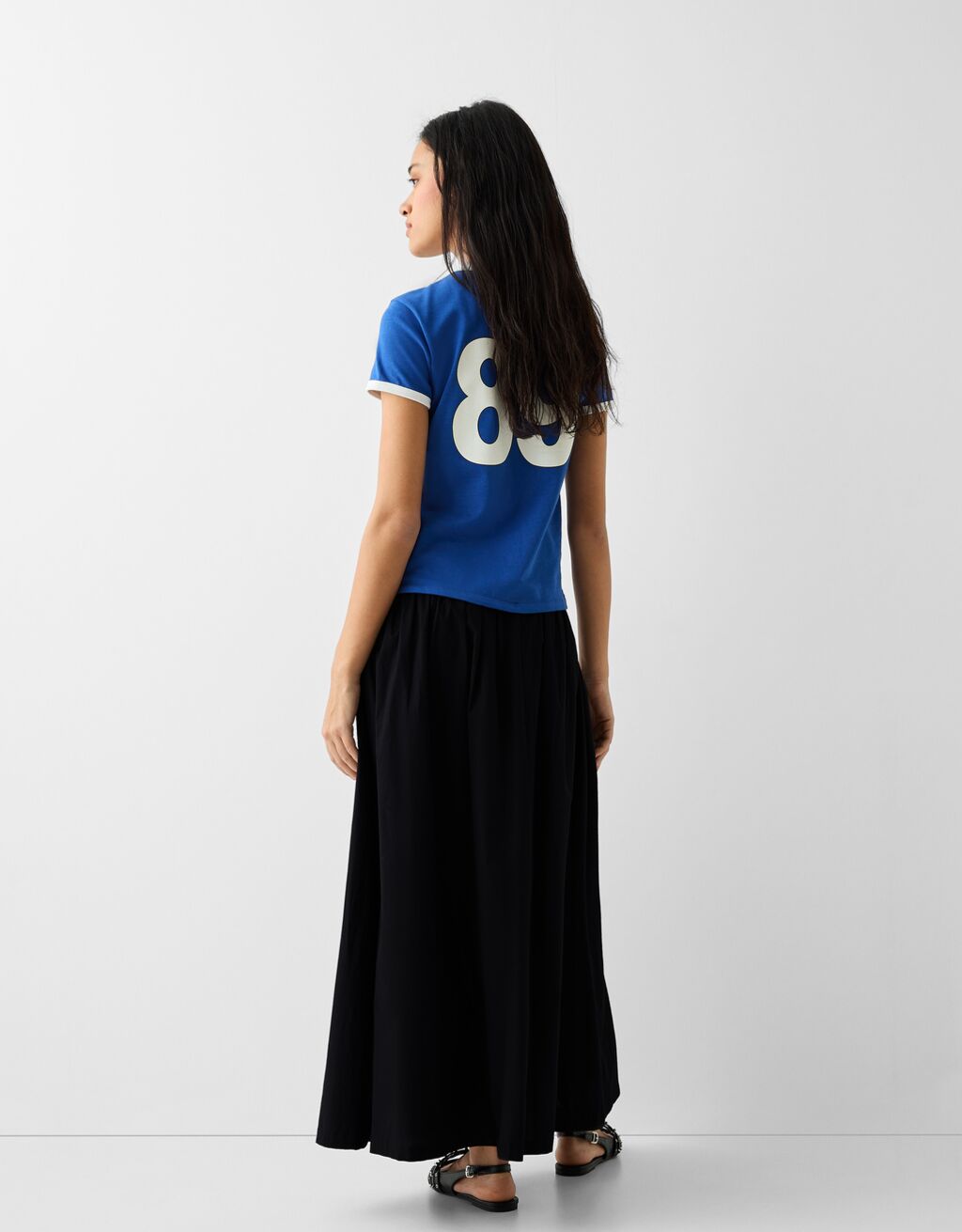 Poplin midi skirt with elastic waistband-Black-2