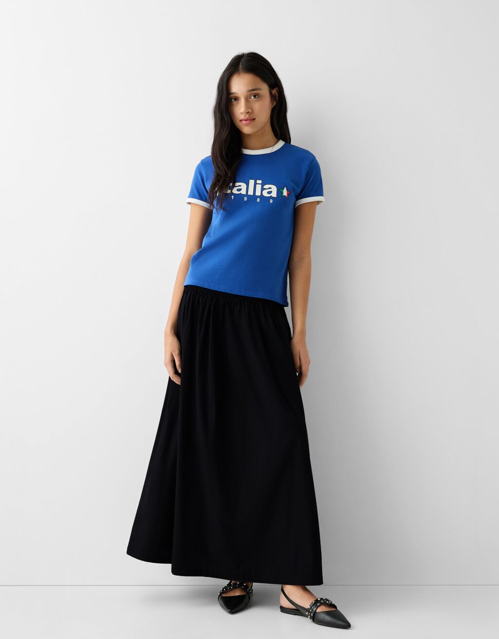 Poplin midi skirt with elastic waistband-Black-0