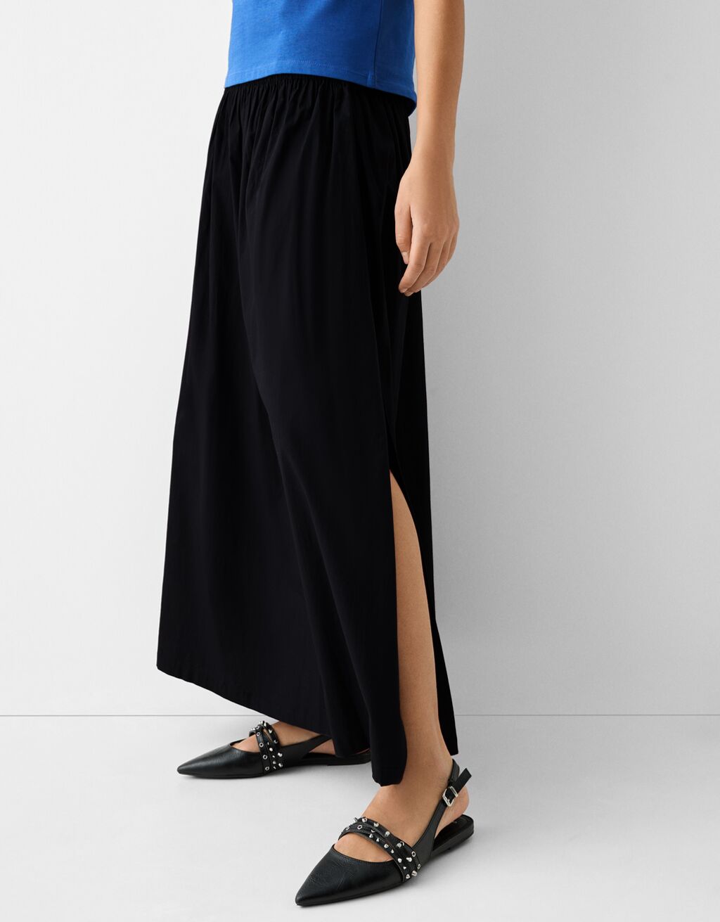 Poplin midi skirt with elastic waistband-Black-3