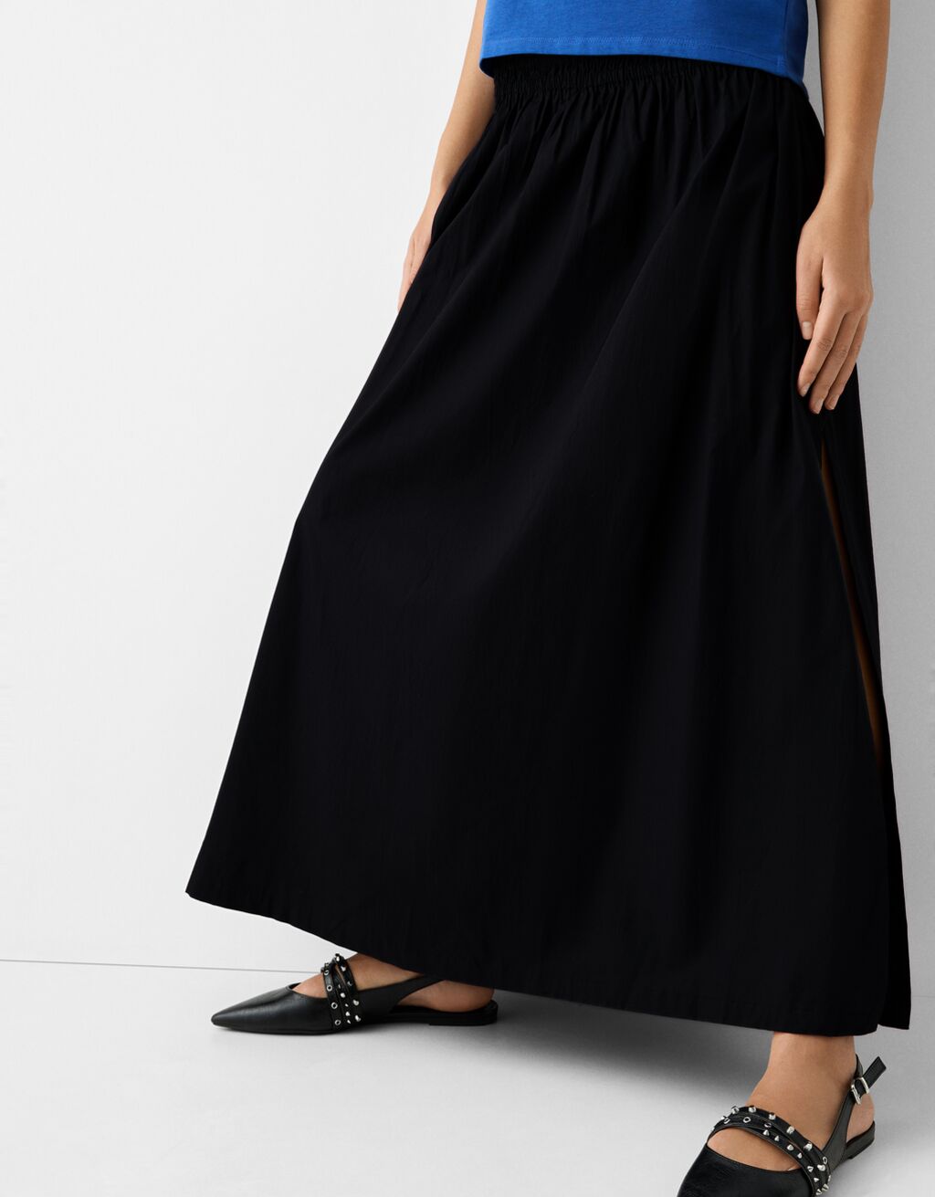 Poplin midi skirt with elastic waistband-Black-6