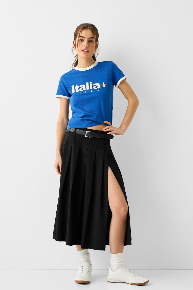 Tailored fit box pleat midi skirt with belt and split