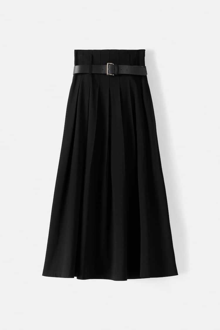 Tailored fit box pleat midi skirt with belt and split