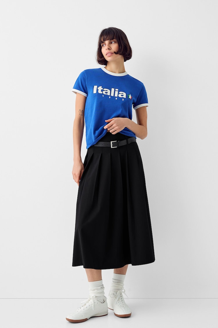 Tailored fit box pleat midi skirt with belt