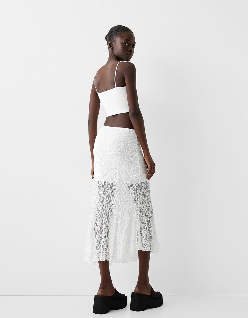 Dantel şeritli midi etek-Beyaz-2