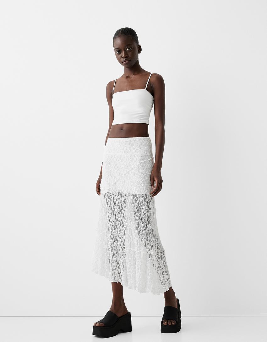 Dantel şeritli midi etek-Beyaz-0