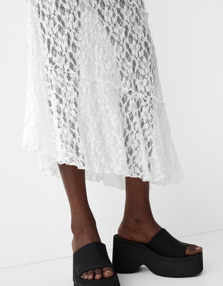 Dantel şeritli midi etek-Beyaz-4