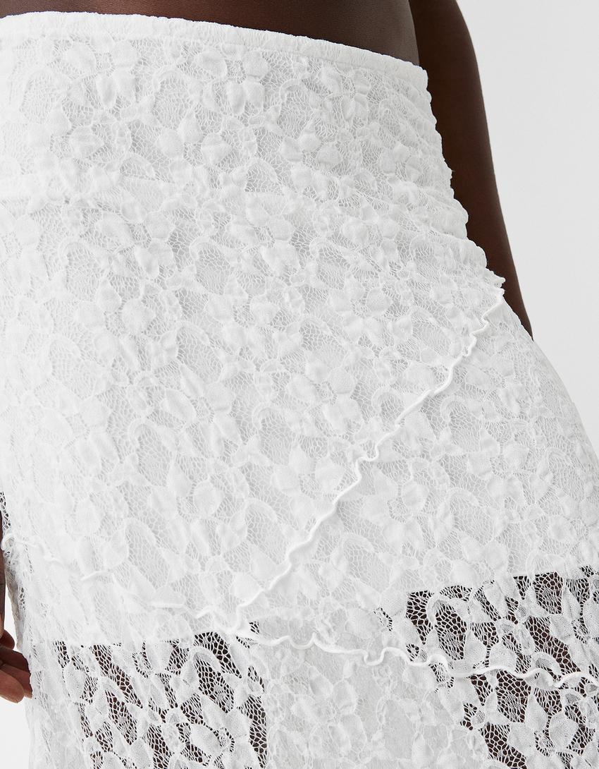 Dantel şeritli midi etek-Beyaz-6