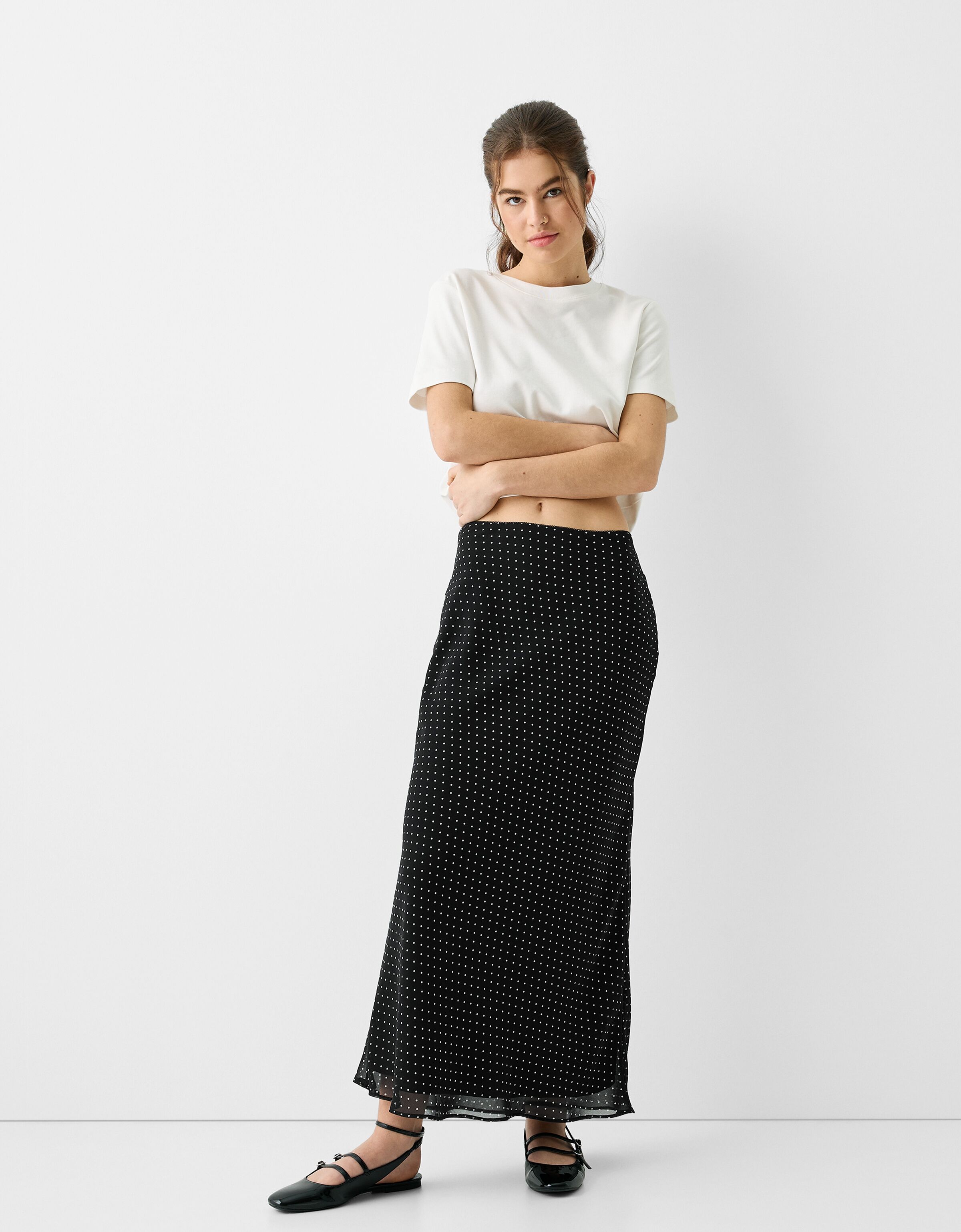 Long polka dot chiffon skirt - Women | Bershka