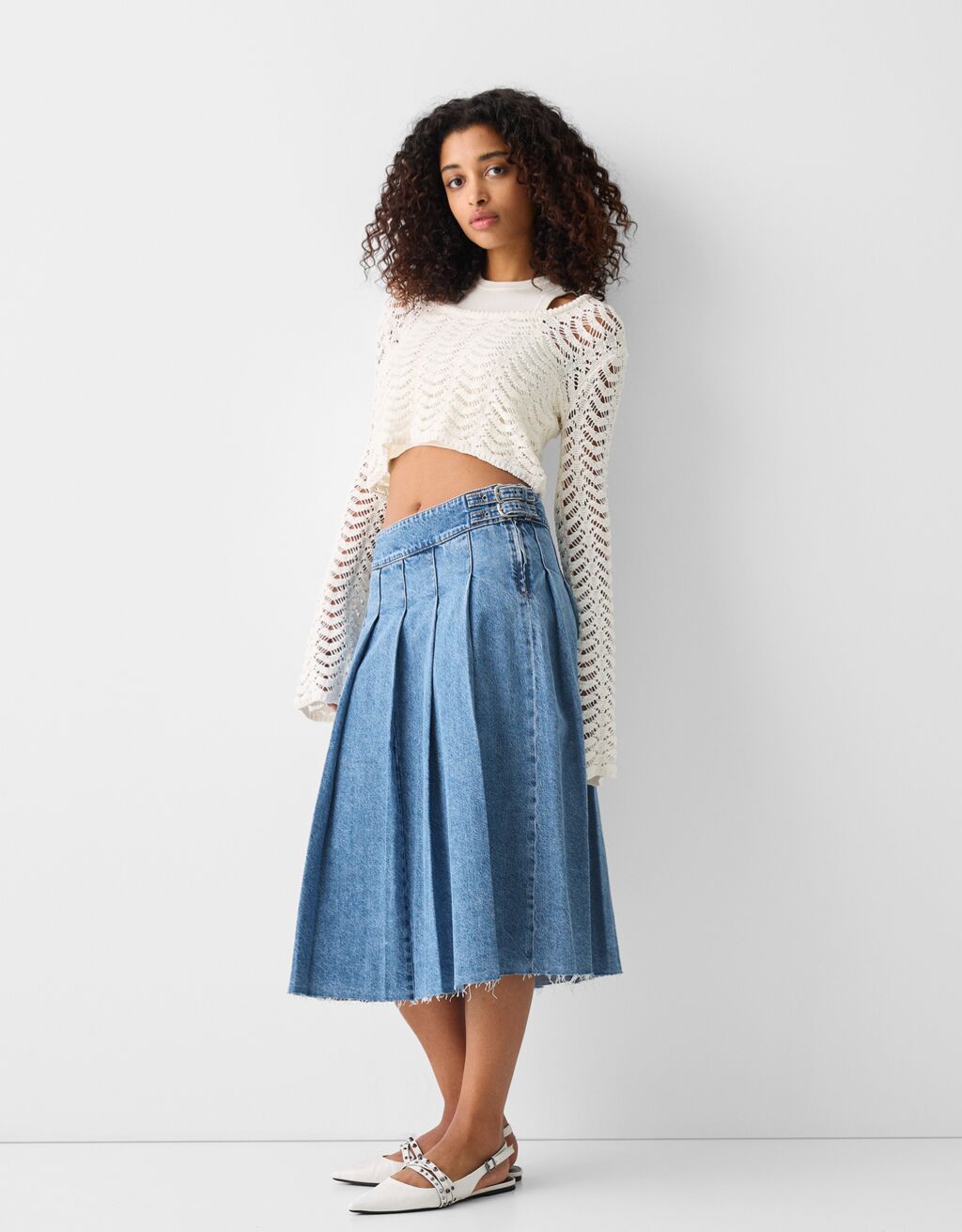 Jupe-culotte denim midi pliss?�e - Femme | Bershka