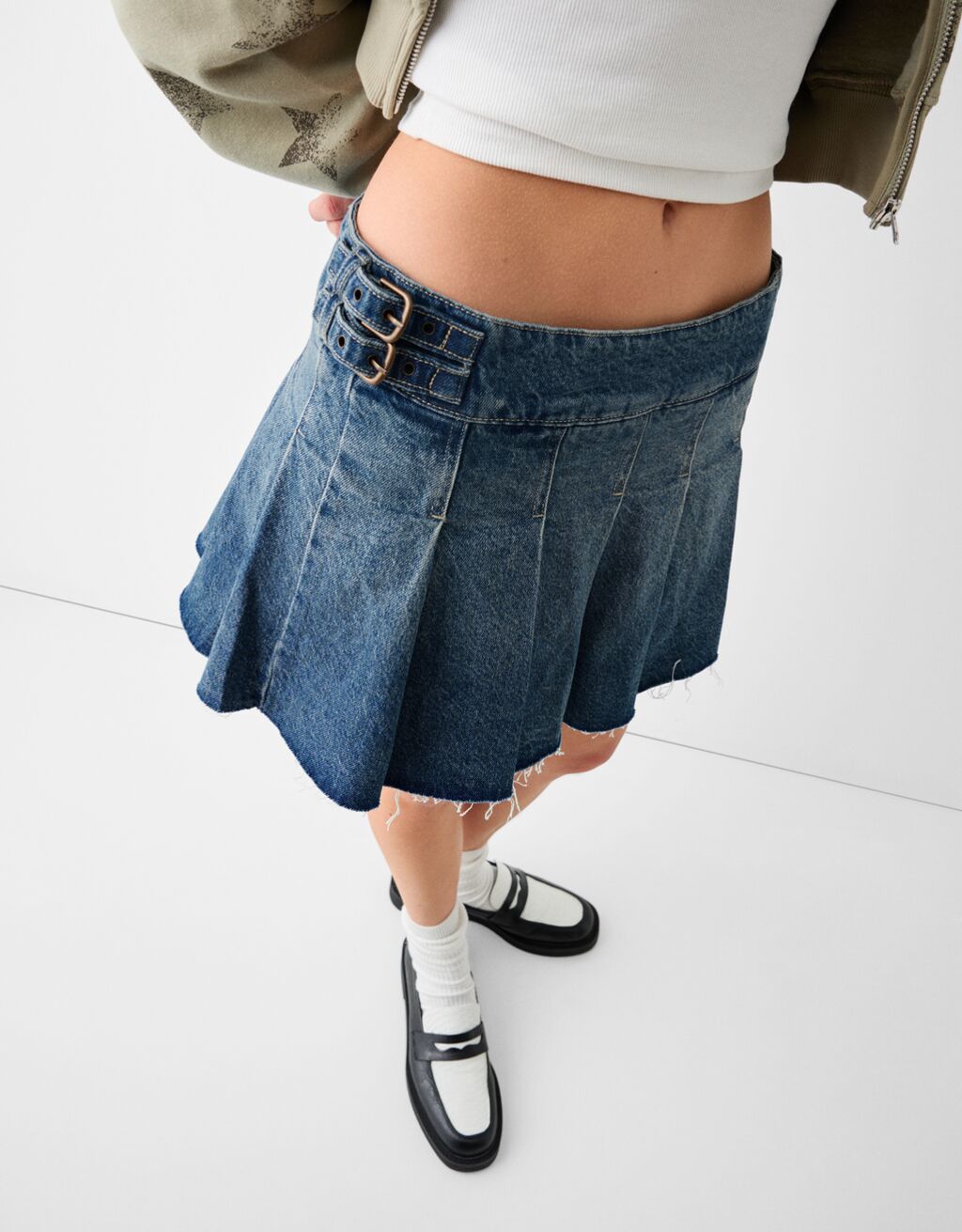 Minijupe-culotte denim plissée-Bleu lavé-3