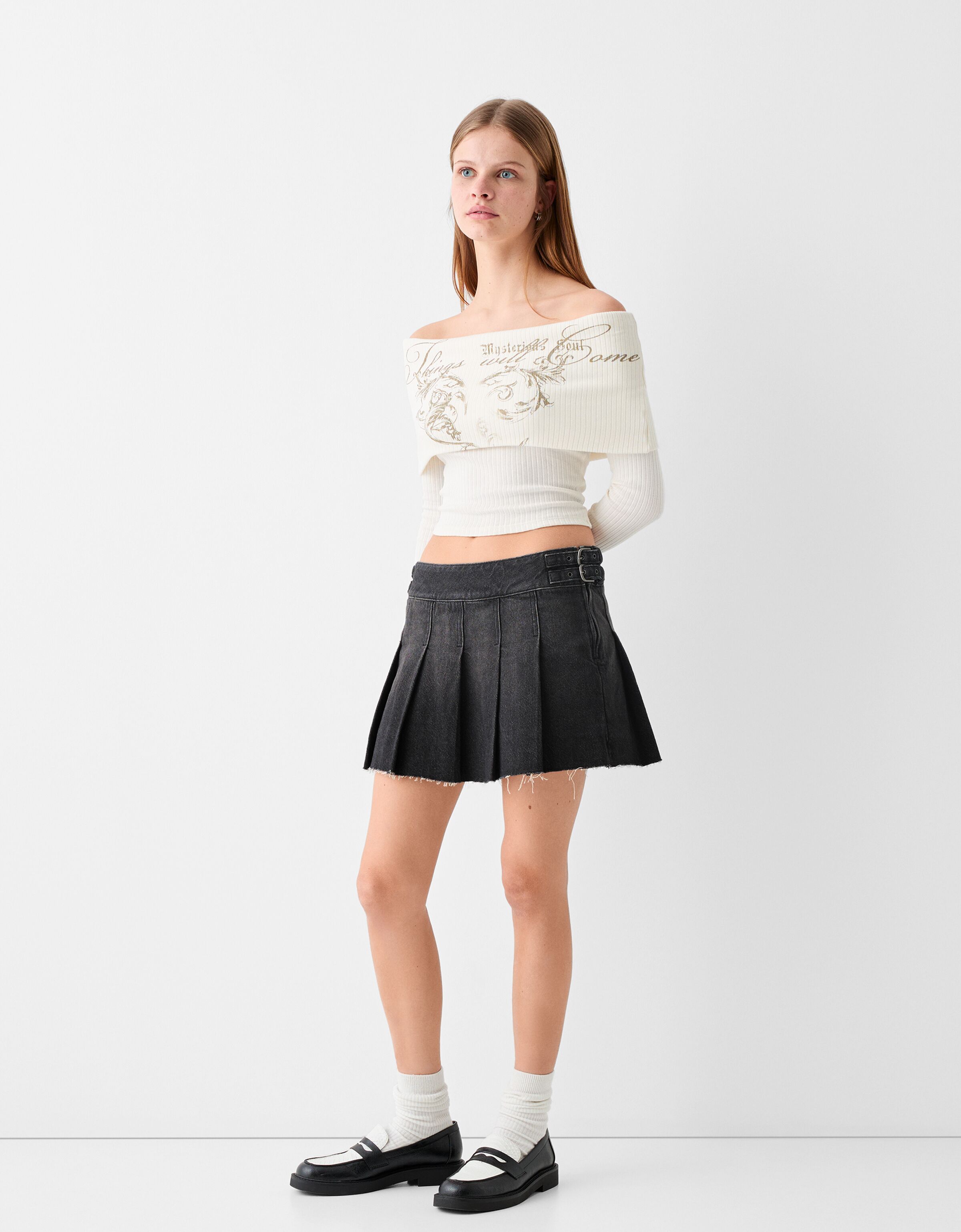 Box pleat denim mini skort Skirts and Shorts BSK Teen Bershka