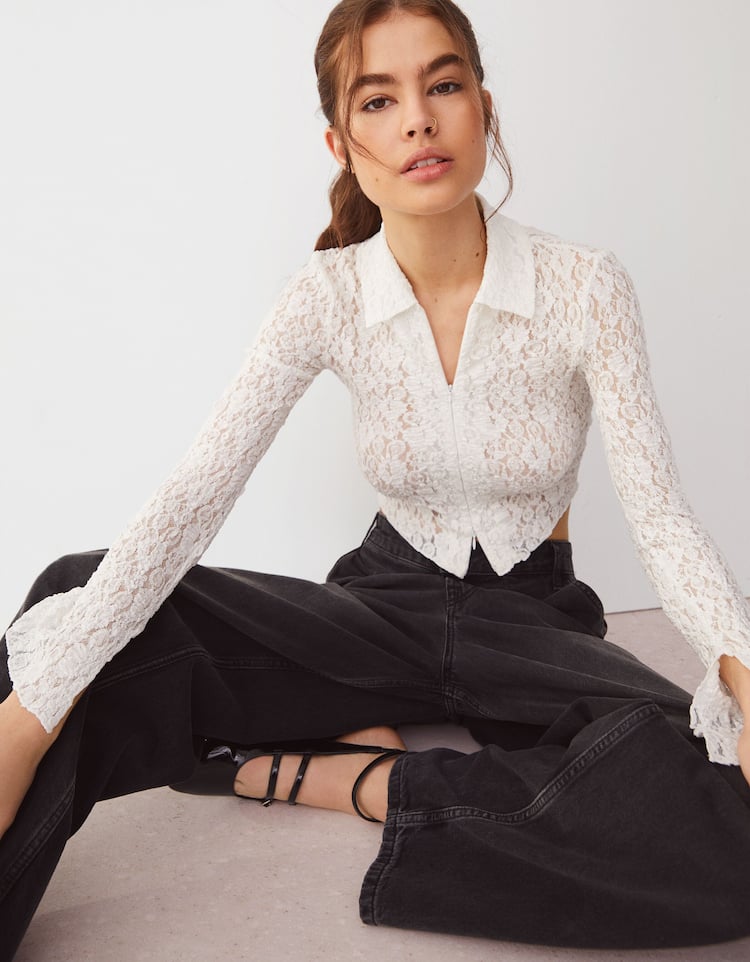 Long sleeve lace shirt with zip