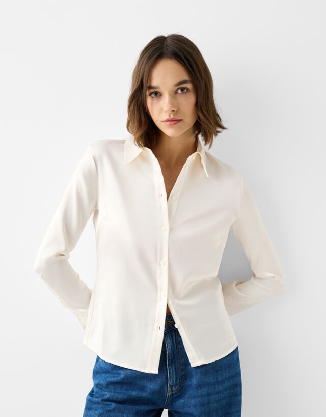 Fitted satin shirt with bell sleeves