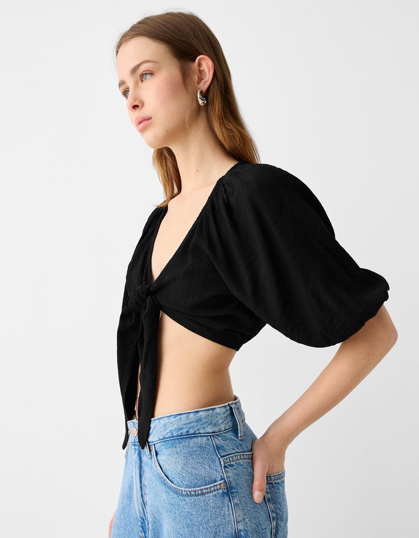 قميص بملمس بارز وعقدة-أسود-5