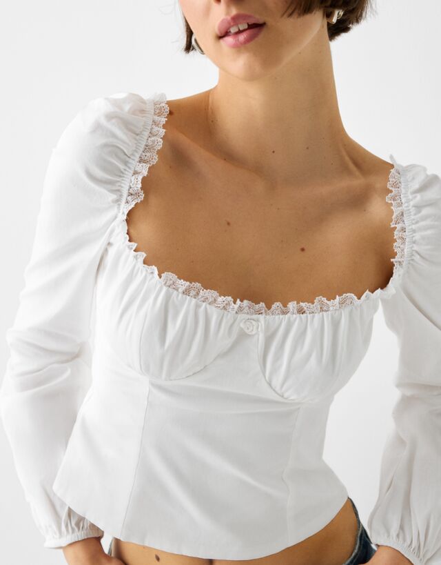 Fitted poplin shirt with lace trim