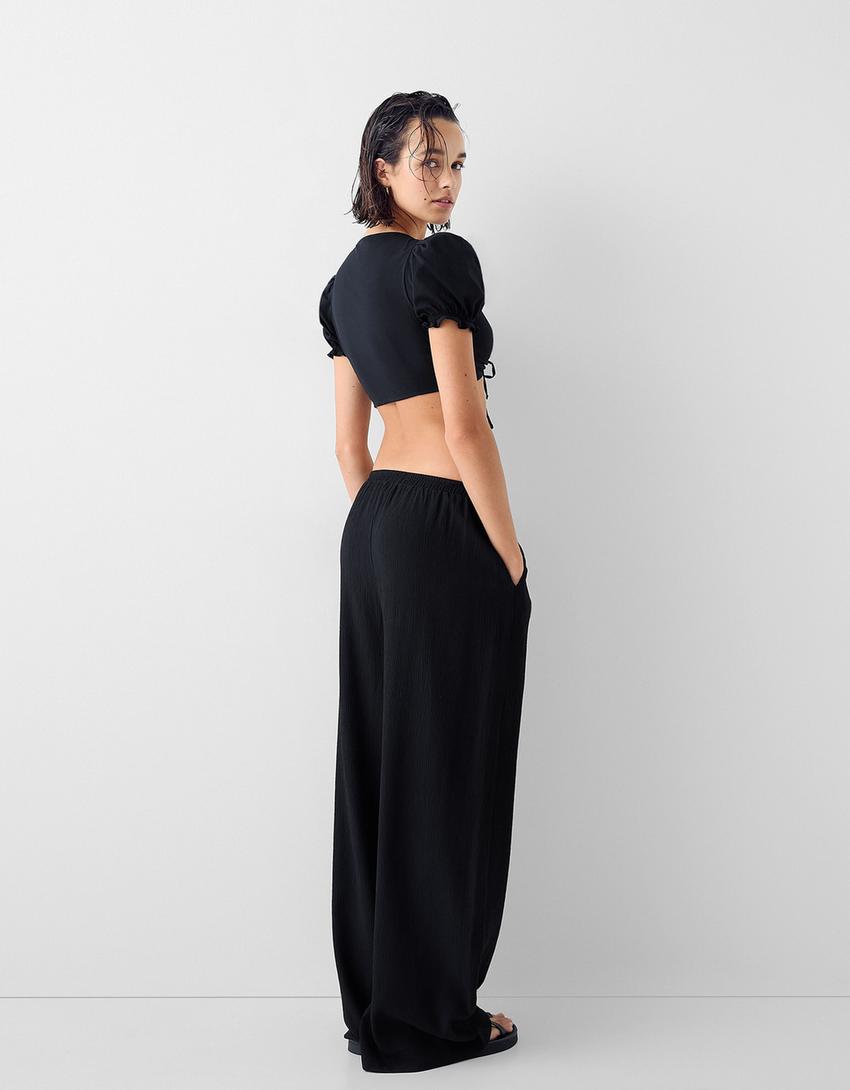 قميص بوبلين بأكمام قصيرة وأربطة-أسود-1