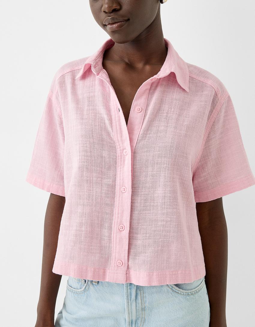 قميص ريفي بملمس بارز وأكمام قصيرة-زهري-2