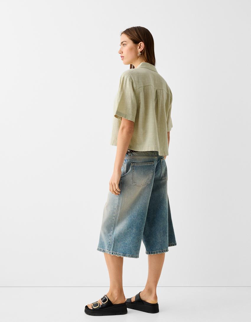 قميص ريفي بملمس بارز وأكمام قصيرة-أخضر-1