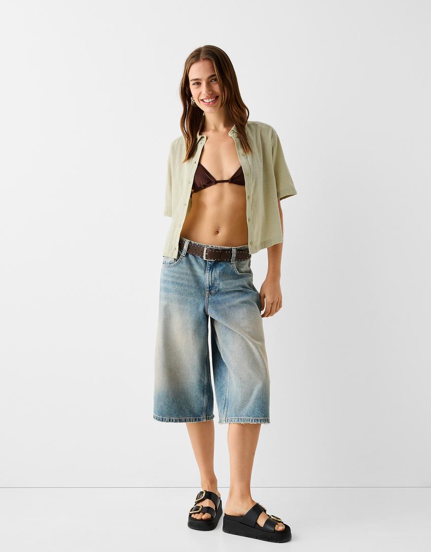 قميص ريفي بملمس بارز وأكمام قصيرة-أخضر-3