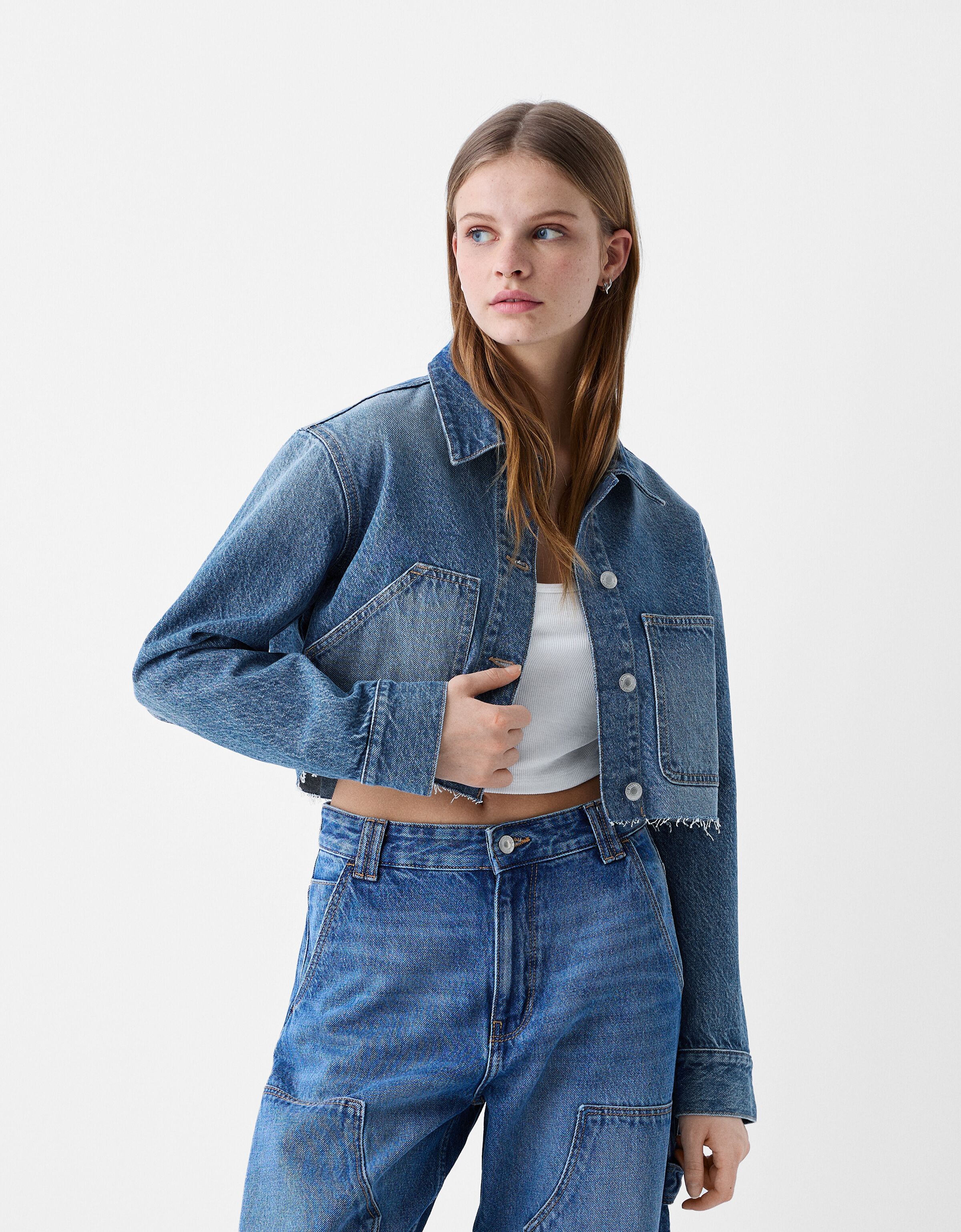 Bershka cropped sales denim jacket