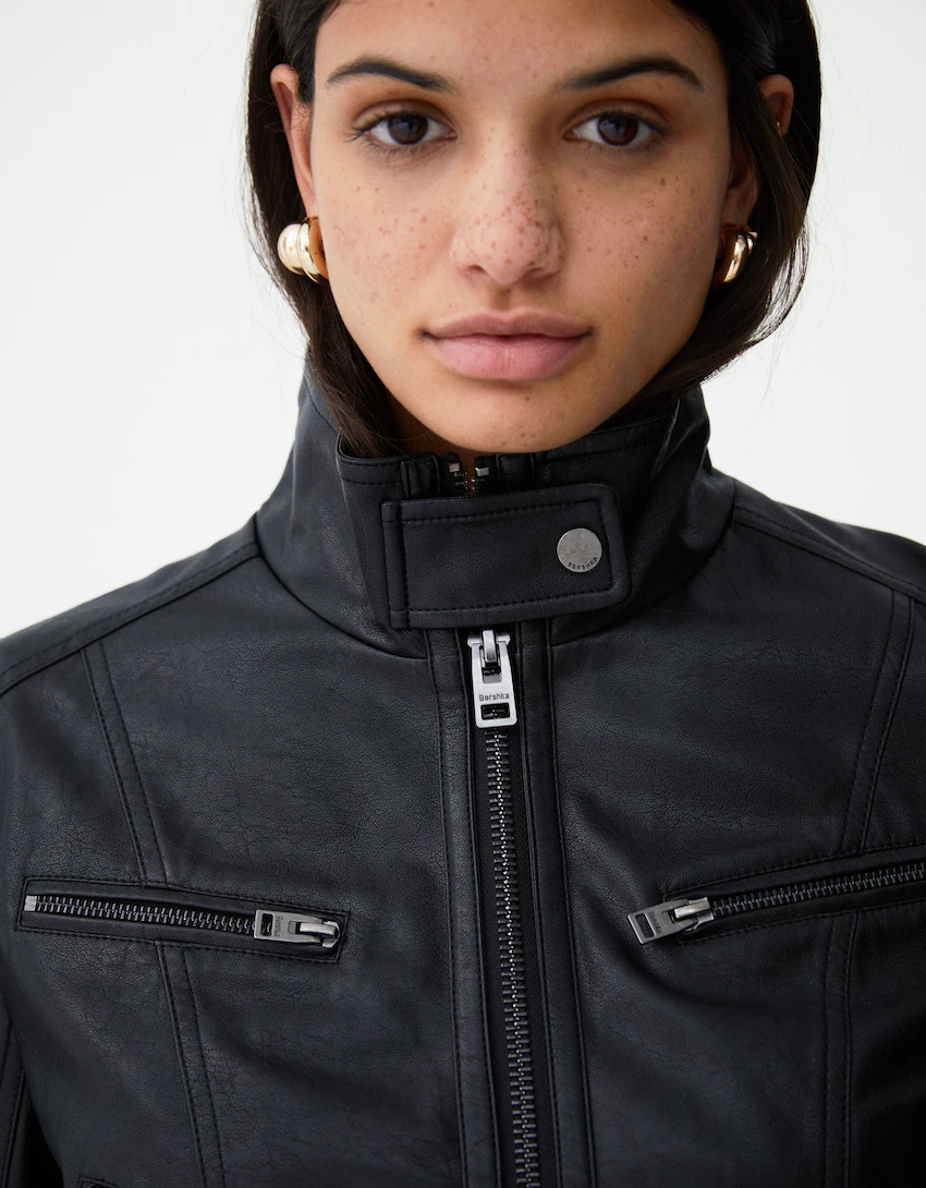 Shop Bershka Women's Black Leather Jackets up to 50% Off