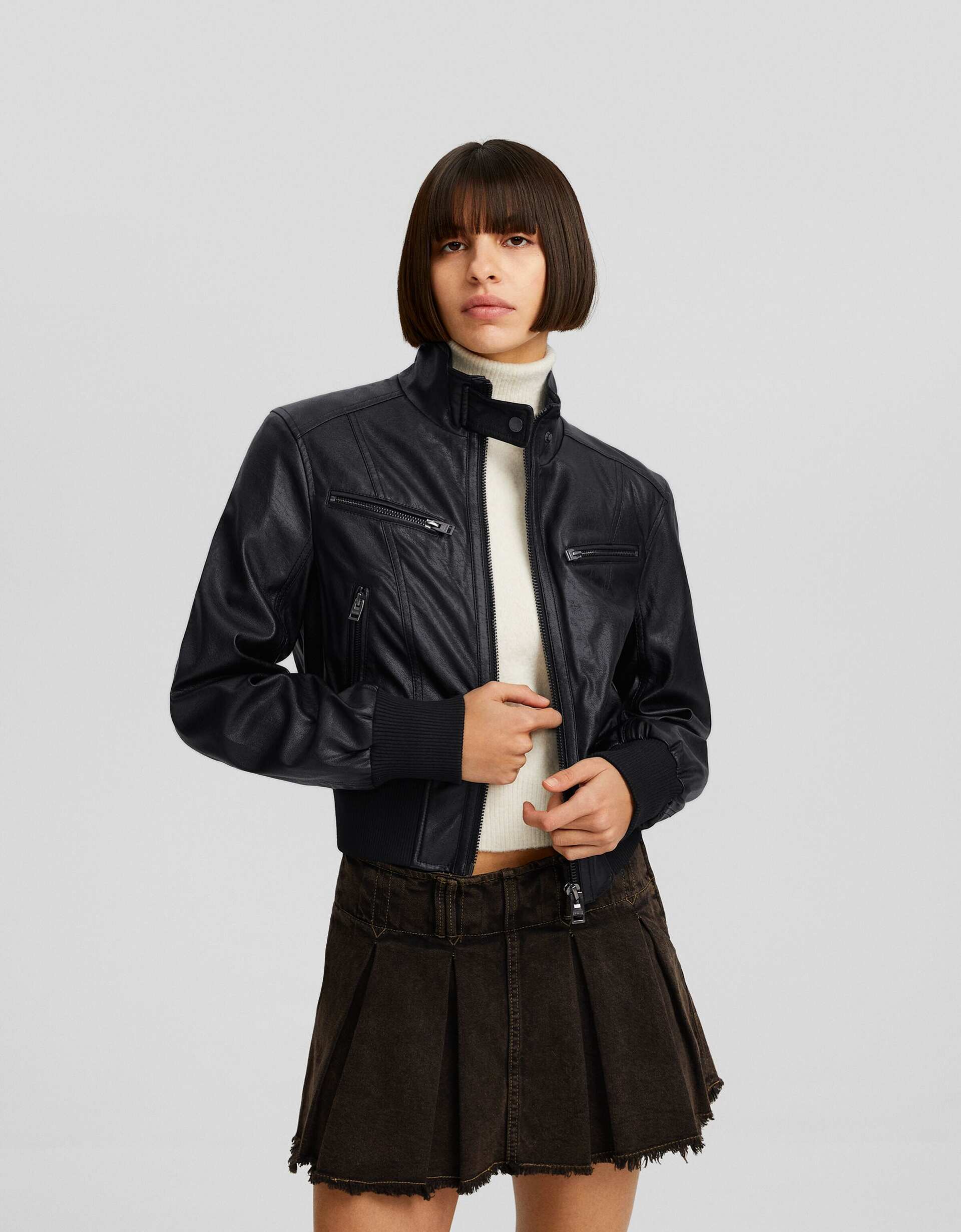 Distressed faux leather bomber jacket - BSK Teen